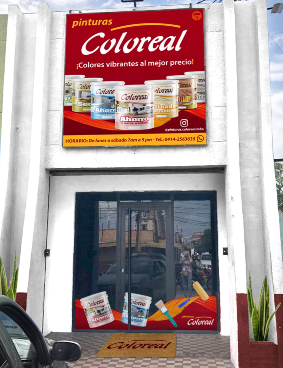 Fachada comercial de distribuidor Pinturas Coloreal con branding — trade marketing Venezuela